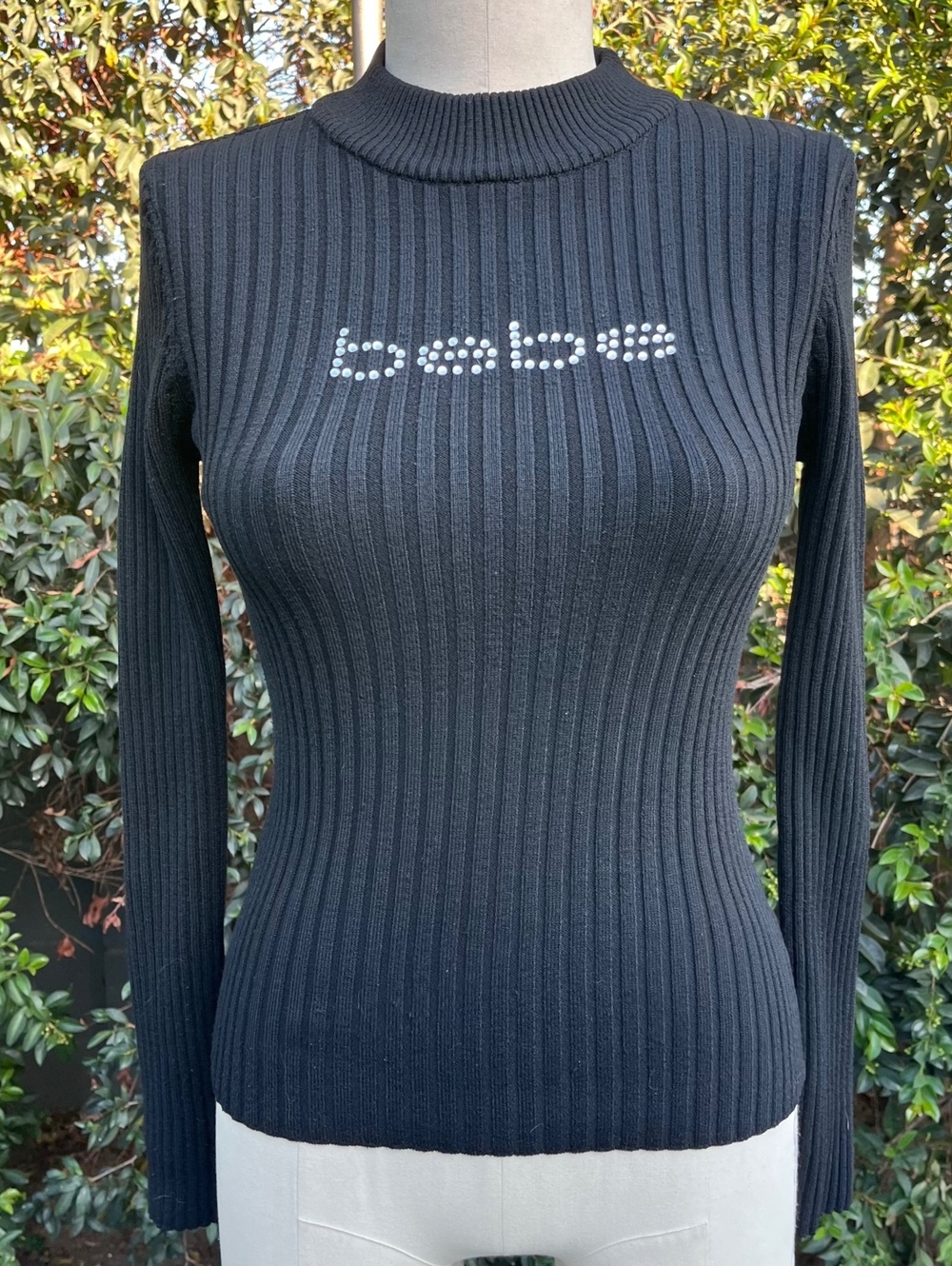 Bebe Black Ribbed Mock Neck Long Sleeve Rhinestone Logo Sweater Size M